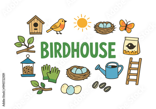 Nature friendly gardening lifestyle concept focused on supporting wild birds in home gardens by installing birdhouses and creating safe spaces for nesting and feeding. BIRDHOUSE title