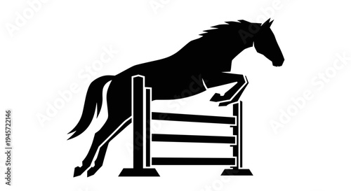 Black Horse Jumping Over Hurdle.