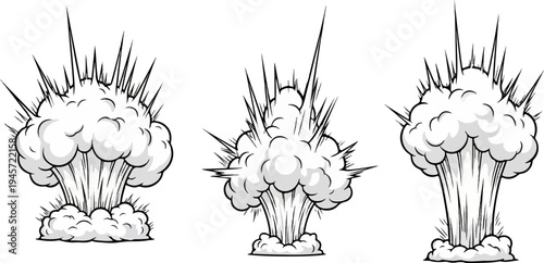 Three comic-style black and white explosion graphics with sharp edges