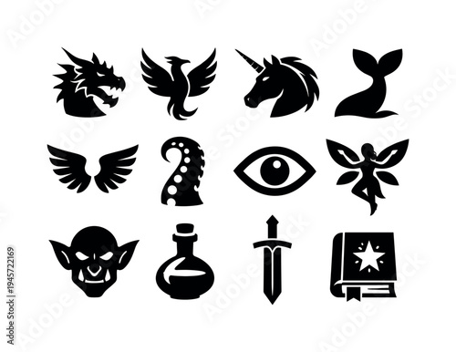 Fantasy creature and object icons: dragon, phoenix, unicorn, whale, wings, tentacles, eye, fairy, goblin, potion, sword, book. Collection of black fantasy icons including mythical