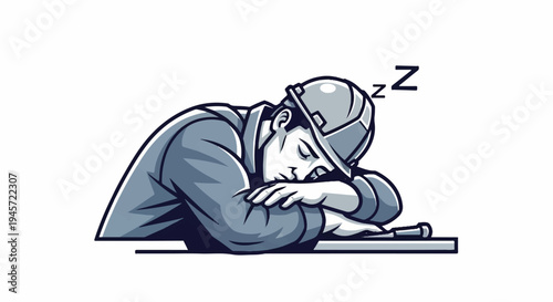 Tired construction worker wearing hard hat rests head on arms, sleeping