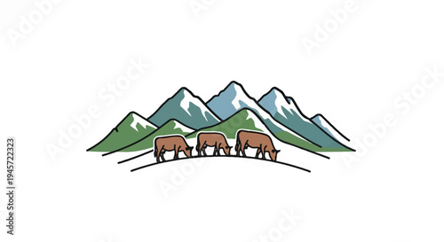 Three cows graze on a grassy hill before snow-capped mountains