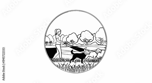 Woman walks two dogs through a park with trees and grass