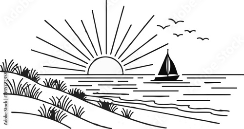 Stylized sunrise over ocean with sailboat and seagulls near grassy dunes