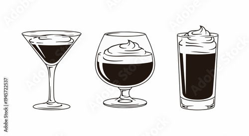 Three diverse glassware types holding dark beverages topped with whipped cream