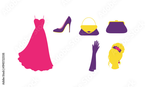 Elegant evening ensemble featuring vibrant colors and accessories