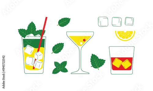 Illustrated drinks featuring mint garnishes and various cocktail ingredients