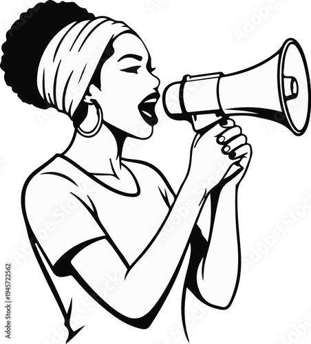 Woman with afro hair and headscarf speaking into megaphone