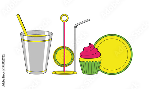 Colorful drinkware and dessert set with vibrant accents and playful design