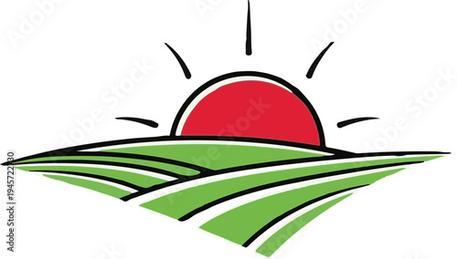 Stylized sunrise over rolling green hills with black outlines