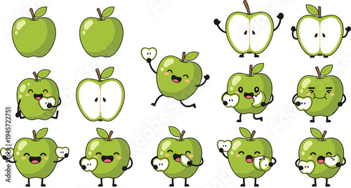 Cute green apple cartoon character set with funny faces whole and sliced fruit mascots kawaii style vector illustration