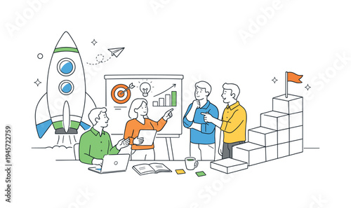 Teamwork and strategy meeting with rocket launch and goal achievement symbols. A diverse team collaborates around a table, discussing a presentation board with growth charts and a