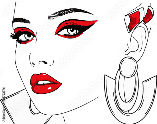 Woman with dramatic red makeup, bold lips and striking earrings