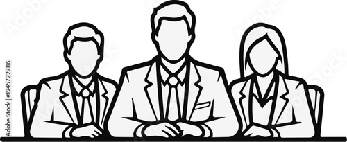 Three figures in suits, seated at a table, black and white illustration