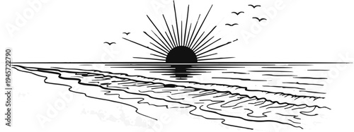 Stylized sunrise over the ocean with a sandy beach and distant birds