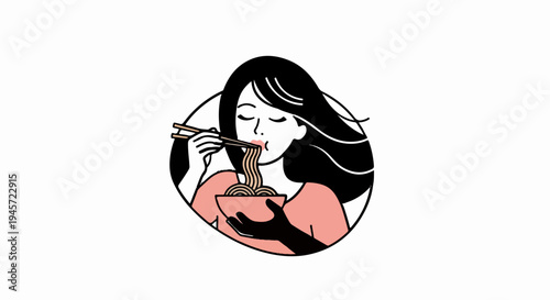 Stylized woman with long hair eats noodles with chopsticks from a bowl
