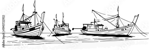Three fishing boats with nets and masts sail on the water