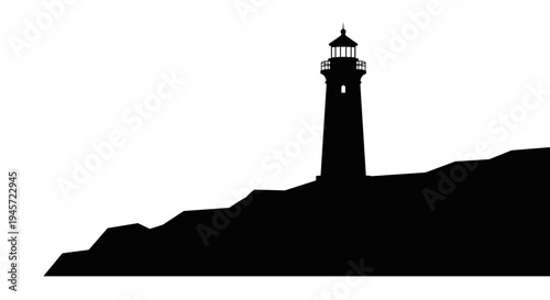 Lighthouse on a rocky hill.