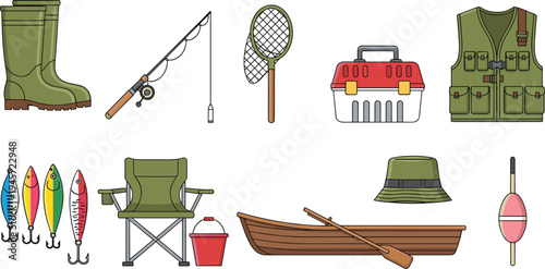 Fishing equipment and camping gear icon set including rod net boat lure vest boots bucket vector outdoor recreation collection