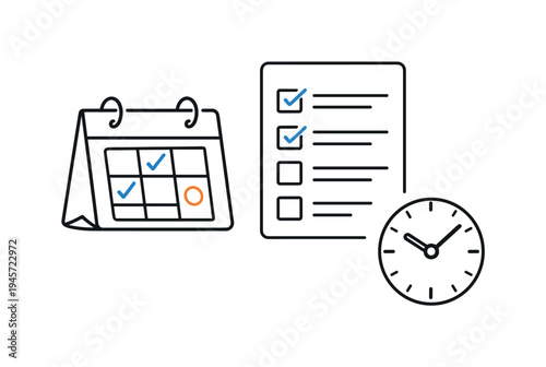 Clear daily planning and structured productivity for professionals organizing priorities and responsibilities in a busy schedule, a simple desk calendar beside a checklist and a small clock
