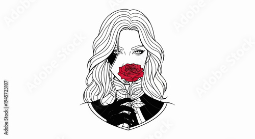 Woman with flowing hair and red rose held to her lips, dark outfit