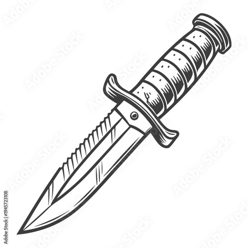 A dagger with a serrated blade and ribbed handle