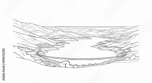 Winding road crosses a valley bridge leading to a large lake surrounded by hills