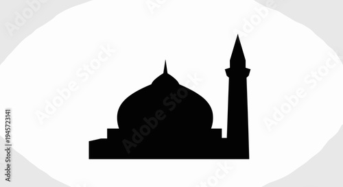 Mosque silhouette with minaret tower.