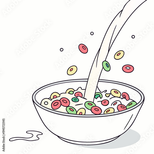 A bowl of colorful cereal with milk being poured