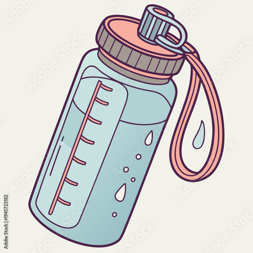 A cartoon water bottle with a pink strap and cap