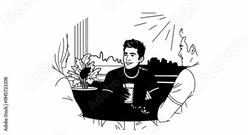 Three friends enjoying a conversation and drinks at a cafe with city view