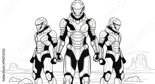 Three futuristic soldiers in detailed armor stand in a desert landscape