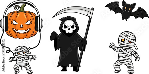 Three Halloween characters pumpkin with headphones, grim reaper, mummy, bat