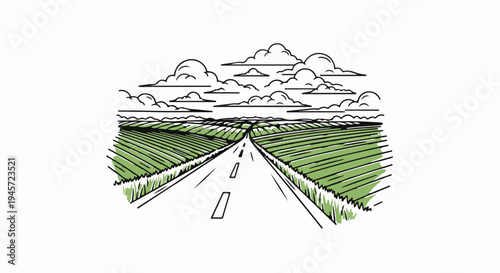 Winding road through green fields under a cloudy sky