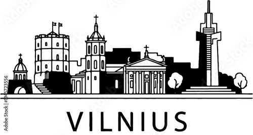 Stylized skyline with diverse architectural elements and the city name below