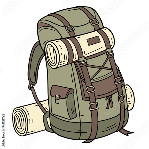 A green hiking backpack with rolled up sleeping bag