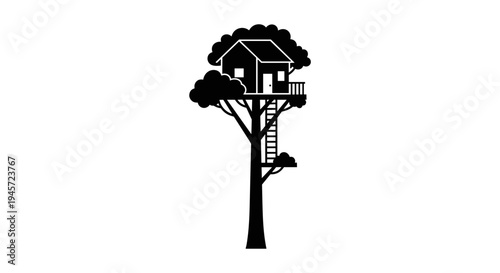 Treehouse on tall tree branch.