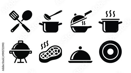 Eight black and white icons of cooking utensils and dishes