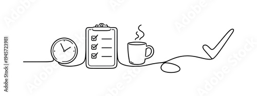 Checklist, clock, and coffee cup in a continuous line drawing style. A minimalist continuous line drawing depicts a clock, a clipboard with a checklist, and a steaming coffee cup