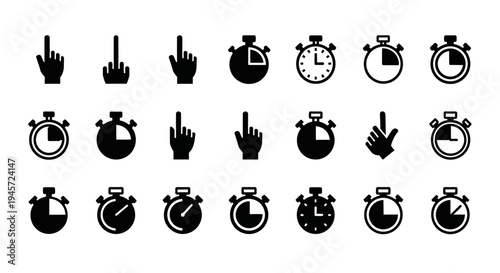 Dynamic collection of pointer and stopwatch icons for interactive digital interfaces and precise time measurement, ideal for web design and application development purposes