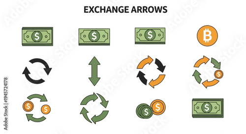 Vector set of financial exchange and money transaction icons, illustrating currency conversion, digital payments, and cash flow for banking, business, and economic operations