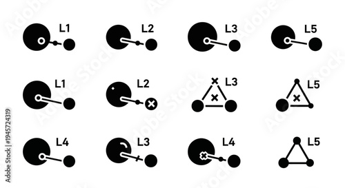 Abstract vector icon set depicting diverse connection states, node relationships, and data point interactions for conceptual diagrams and user interface elements in a clean minimalist style
