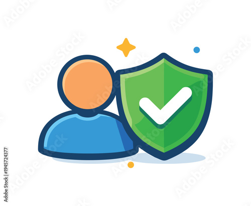 User protection icon with shield and checkmark for security and safety. A stylized icon representing a person protected by a shield with a checkmark, symbolizing security, safety