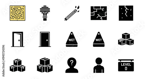 A diverse set of conceptual graphic icons illustrating problem-solving, potential risks, progress, storage solutions, and various operational states for modern design projects