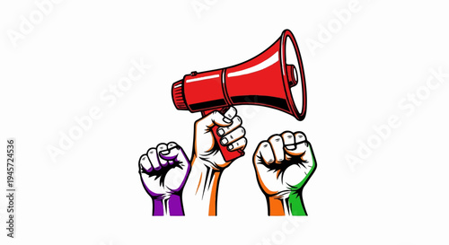 Three raised fists and a megaphone symbolizing protest and amplified voice