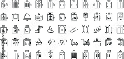 Elevator and lift line icons set including escalator wheelchair access control panel stairs maintenance tools vector collection isolated