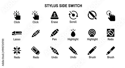 Collection of black vector icons illustrating various stylus functions and digital editing tools for creative software interfaces and interactive designs