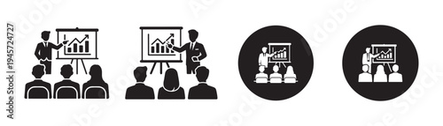 Business meeting presentation audience silhouette icons. Conference seminar vector