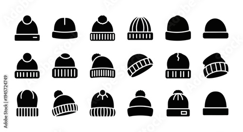 Set of winter hat icons, showcasing diverse knitted beanies, perfect for cold-weather fashion and comfort themes in graphic design projects