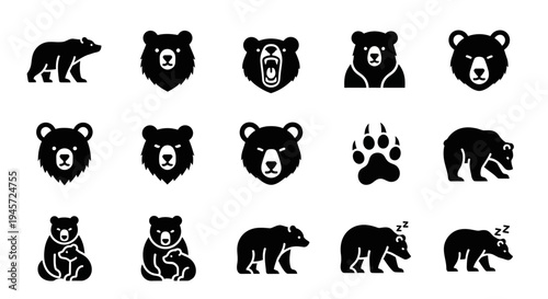 Diverse collection of stylized bear icons and silhouettes, featuring various poses and expressions, perfect for wildlife, nature, and animal-themed graphic design projects